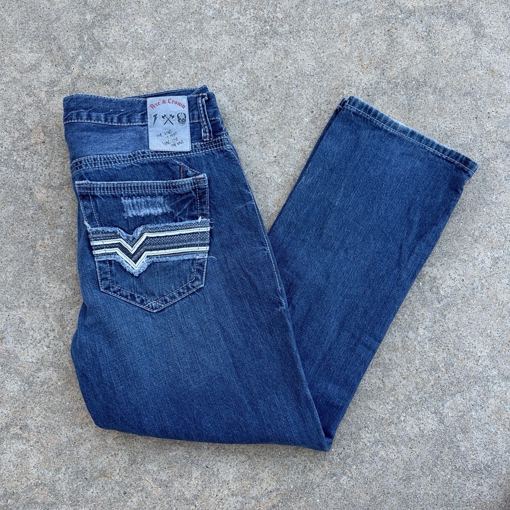 Axe &‎ Crown Jeans Mens 34x30 Blue Denim Slim Straight Thick Stitch Distressed